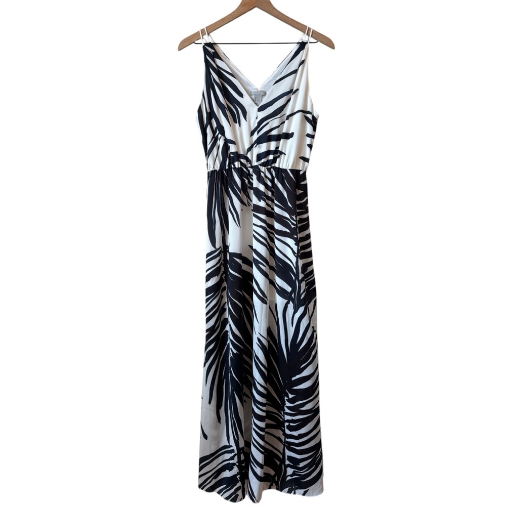 H&M Tropical Leaf Print Maxi Dress Sz 6 Double V Neck Lightweight Resort Wear